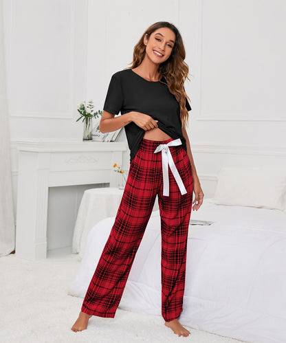 MAOXIANGSHOP 2025Real new products, 2025 New independent stations, solid color round neck T plaid printing women's casual set, loungewear pajamas, women