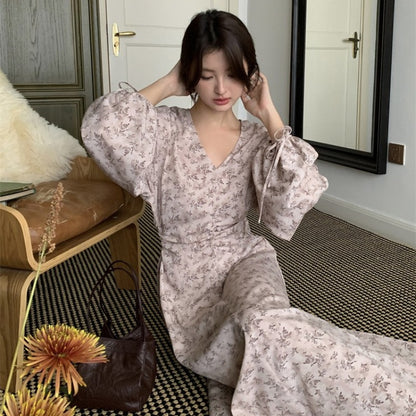 2025 popular autumn new  temperament print retro high waist long sleeve thin dress 88116