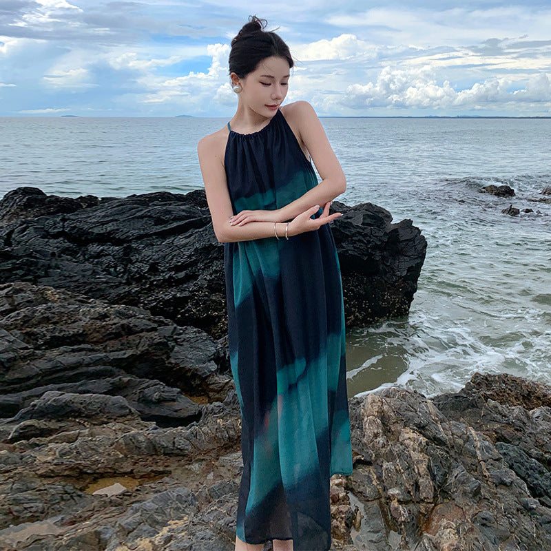 dark green contrasting colors niche design sense thin dress Sanya seaside vacation loose thin white dress