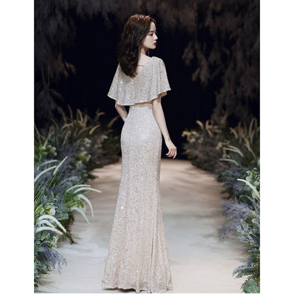 Champagne banquet evening dress sequins 2025 new spring temperament long fishtail dress annual meeting hosting dress