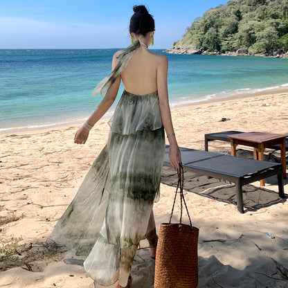 New Chinese Mori style national style, stomach covering fairy skirt temperament hanging neck floral green temperament dress women's summer