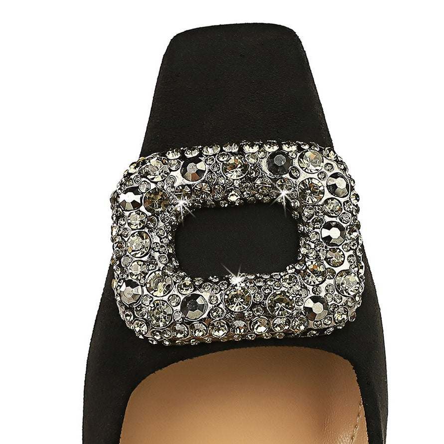 6186-K83 2025 banquet women's shoes versatile high heels thick heel high heel suede square head metal rhinestone buckle single shoes