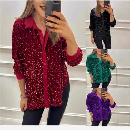 MAOXIANGSHOP 2025 New winter new  independent station 2025 fashion lapel button sequined shirt top women's clothing