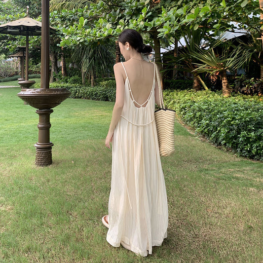 2025 Seaside vacation beach long skirt  temperament niche design sense sexy backless thin suspender dress women