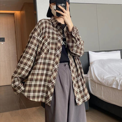 maoxiangshop-shop outfit inspo Autumn New Small Pocket Leather Commuter Casual Korean Plaid Brushed Shirt for Women