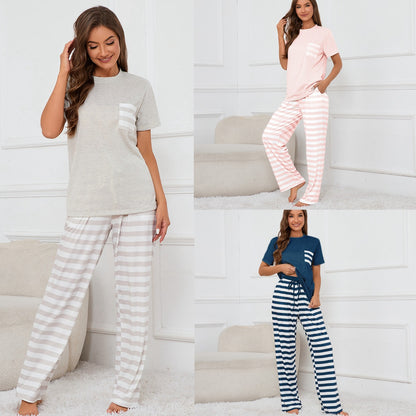 MAOXIANGSHOP 2025Real spot 2025 new crew neck short-sleeved top striped printed tether trousers loungewear pajamas set women