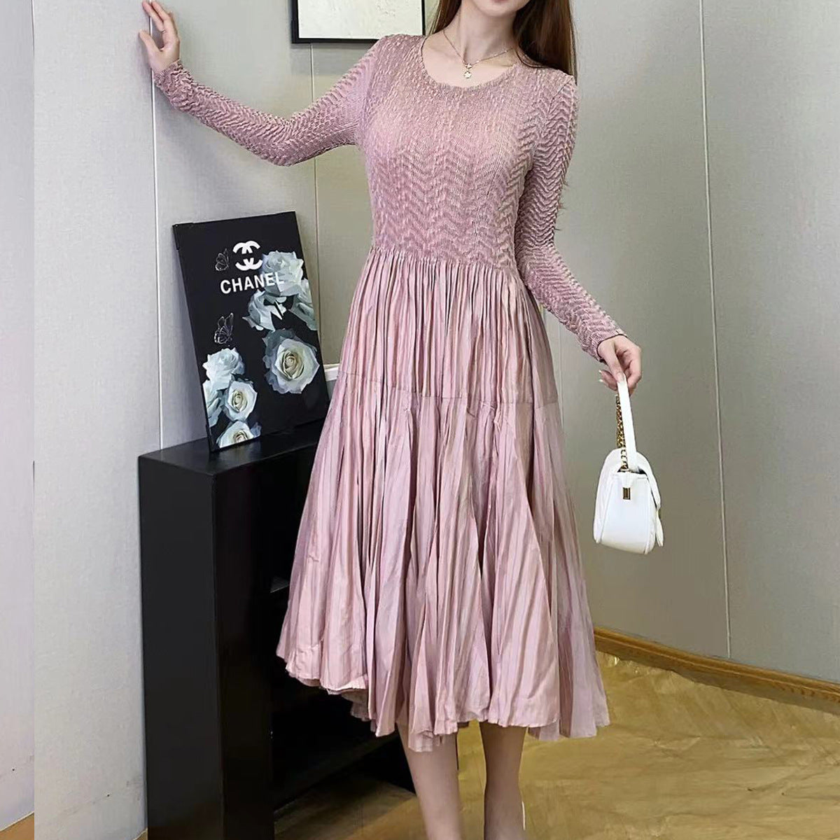 dress long-sleeved women's high-end sense small temperament elegant commuting versatile medium and long A-word skirt Popular style