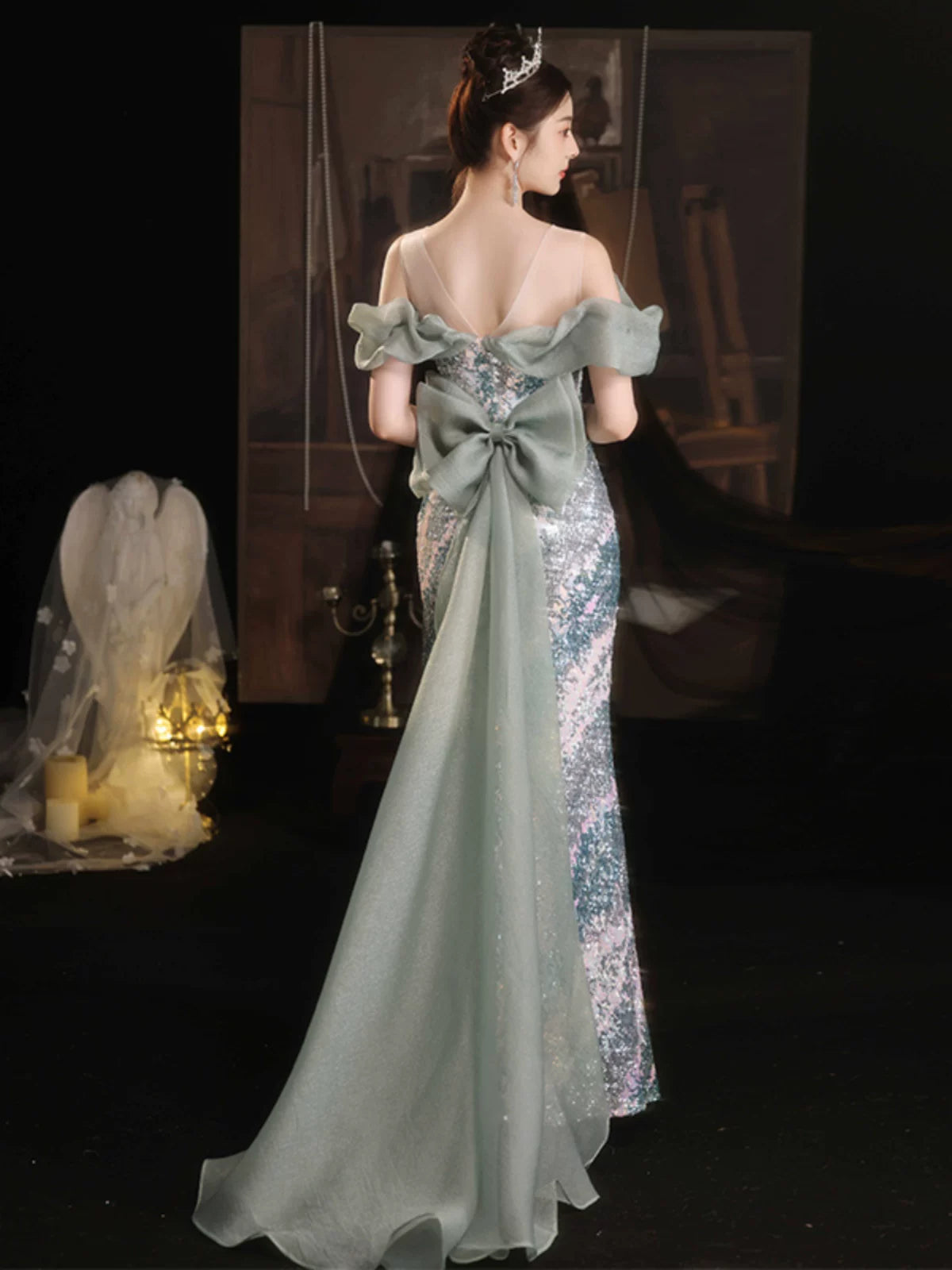 Fishtail evening dress skirt women's high-end sense light luxury niche high-end celebrity sexy host annual meeting one-word shoulder autumn