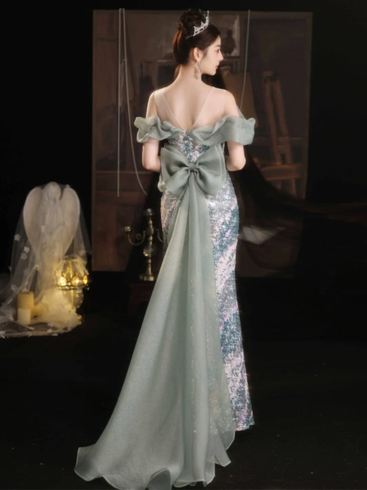 Fishtail evening dress skirt women's high-end sense light luxury niche high-end celebrity sexy host annual meeting one-word shoulder autumn