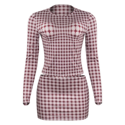 maoxiangshop 90s fashion Autumn Fashion Retro Plaid round Neck Pullover Long Sleeve High Waist Skirt Slim Women's Suit