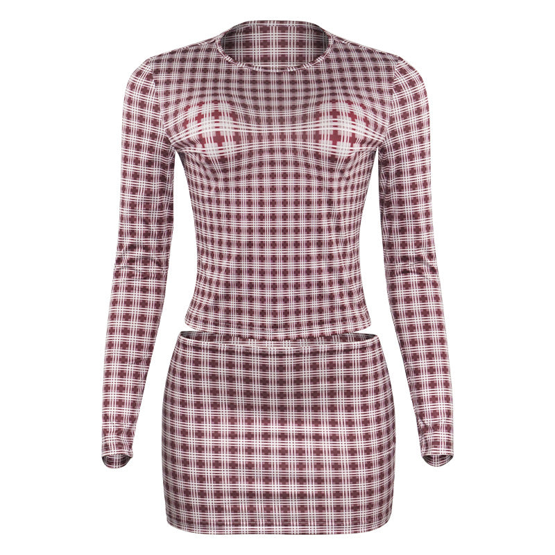 maoxiangshop 90s fashion Autumn Fashion Retro Plaid round Neck Pullover Long Sleeve High Waist Skirt Slim Women's Suit
