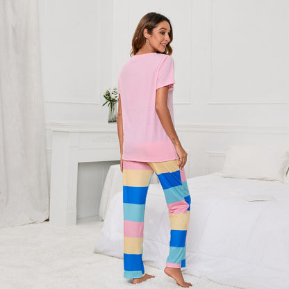 MAOXIANGSHOP 2025Real new products, 2025 New independent stations, solid color round neck T printing striped women's casual cover, loungewear pajamas, women