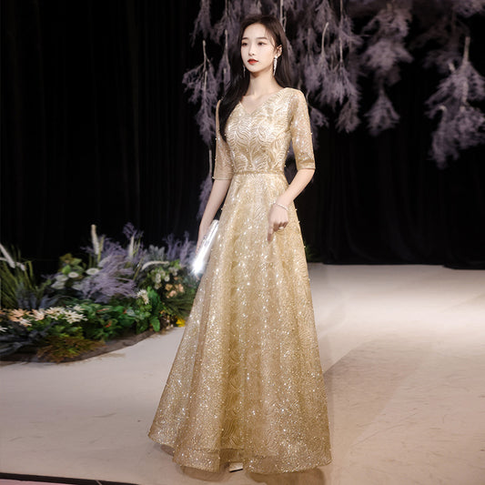 Golden Performance Dress Dress Women's Banquet Starry Sky Annual Meeting Host People's Congress Choir Performs Evening Dress Dress