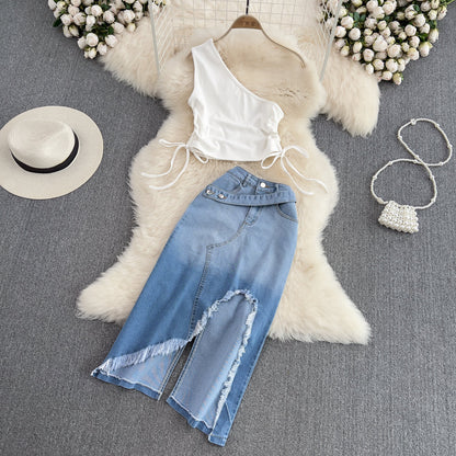 maoxiangshop business casual outfits woman Fashion Suit Women's Hot Girl off-Shoulder Slim-Fit Short Top Two-Piece High Waist Split Denim Skirt Summer