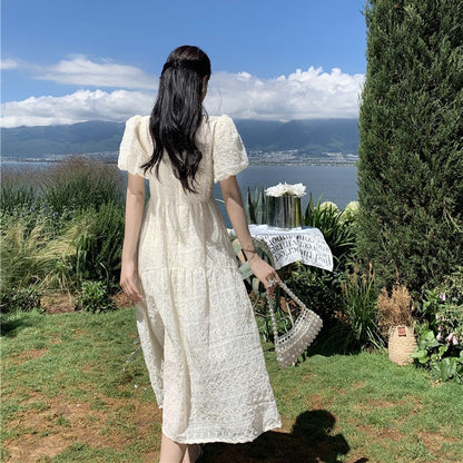 2025 retro crochet design round neck bubble short sleeve temperament elegant medium and long dress gentle first love dress
