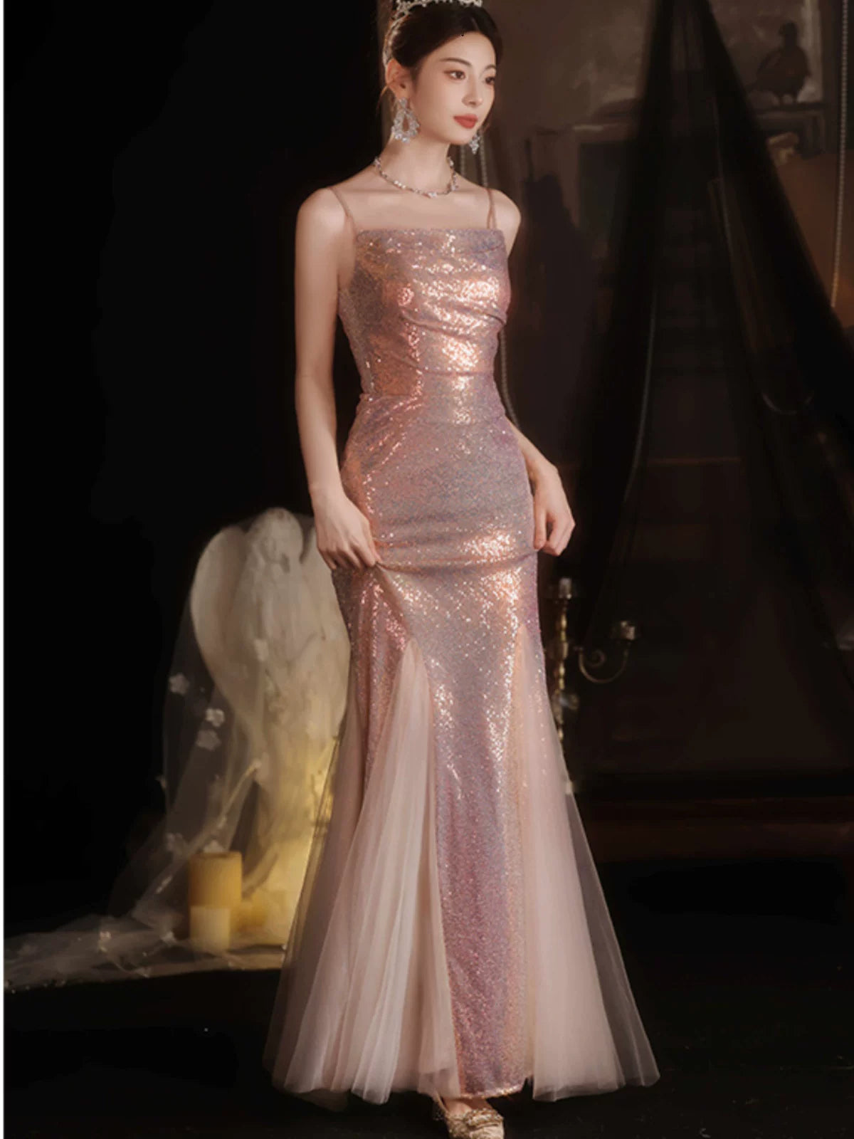 Pink evening dress women's  new host fishtail sequins temperament high-end light luxury niche suspender skirt autumn