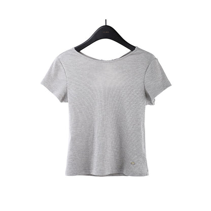 2025  kink backless design short-sleeved T-shirt women's 2025 summer Korean simple solid color top 015AX