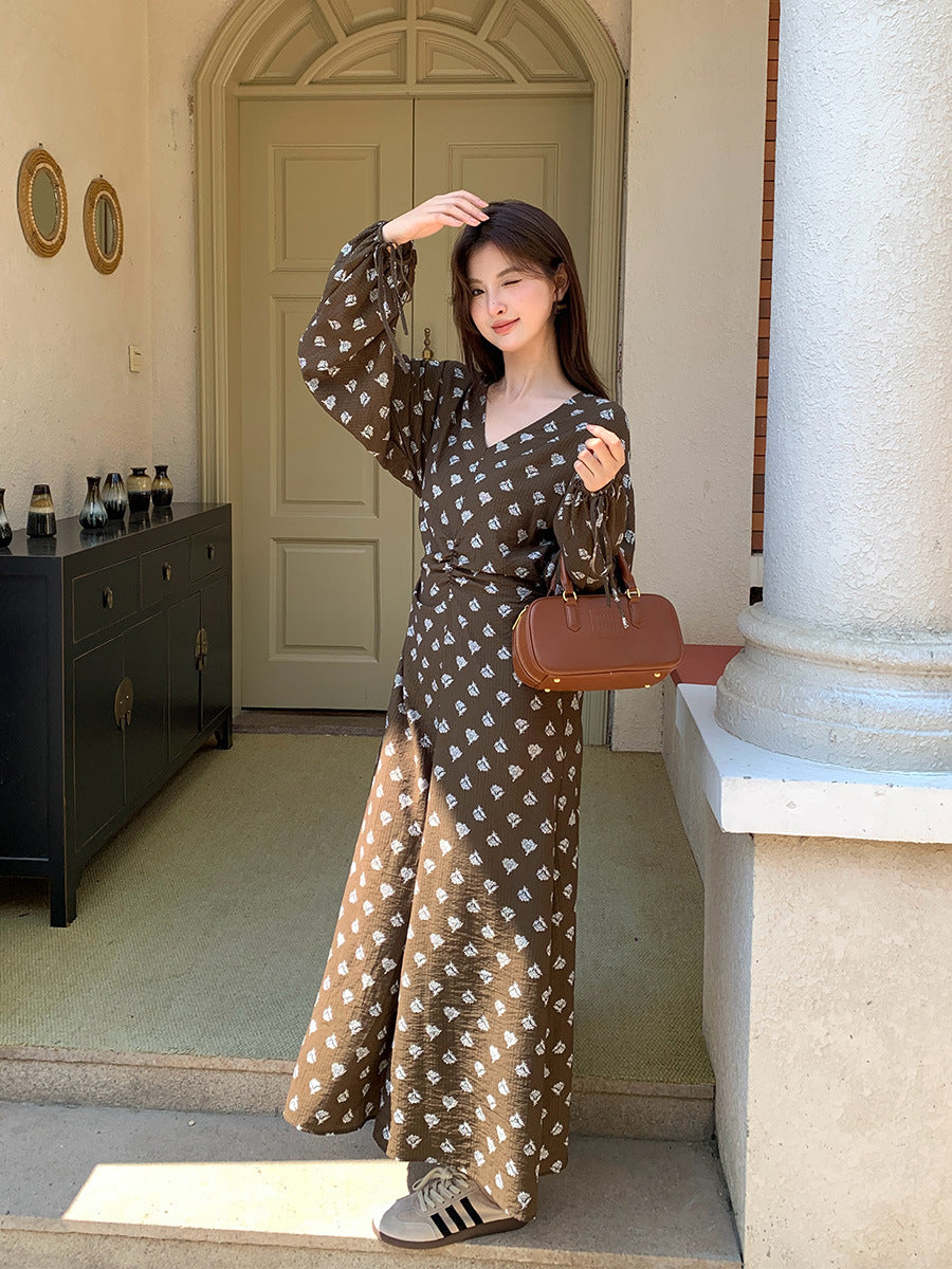 2025 popular autumn new  temperament print retro high waist long sleeve thin dress 88116