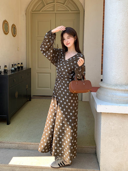 2025 popular autumn new  temperament print retro high waist long sleeve thin dress 88116