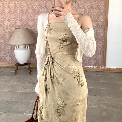 2025 summer new new Chinese high waist retro suspender dress elegant printing pure desire skirt 286674