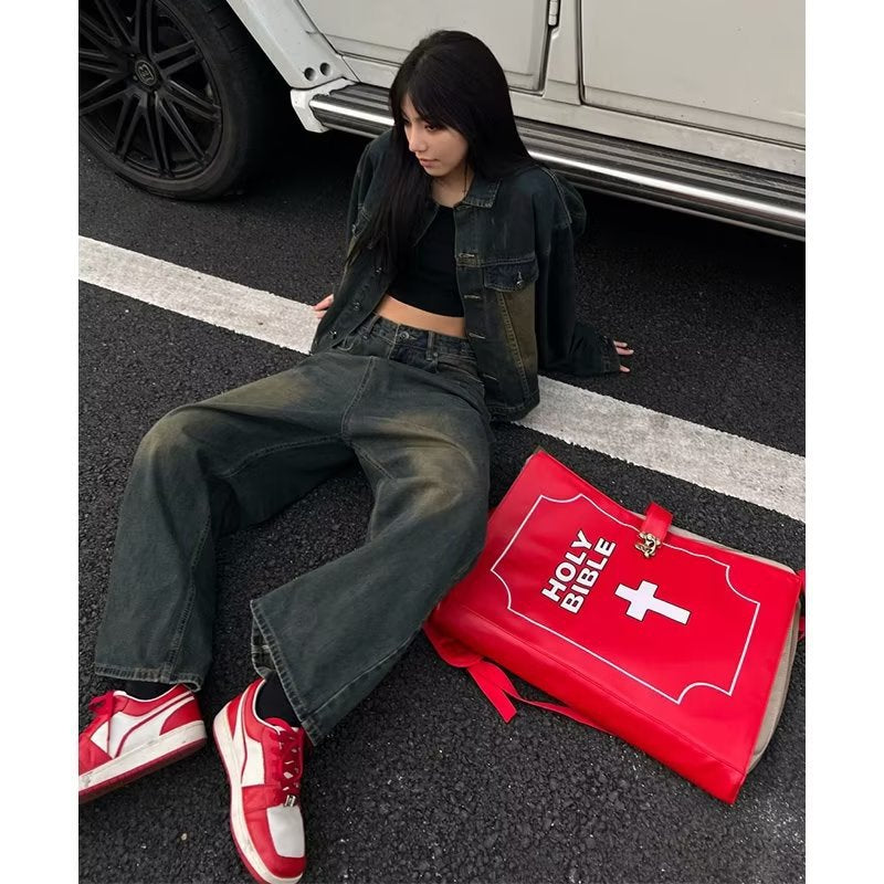 maoxiangshop y2k Autumn and Winter Clothing for Girls New American Retro Loose Wide-Leg Pants Trendy Casual Fashion Casual Denim Trousers