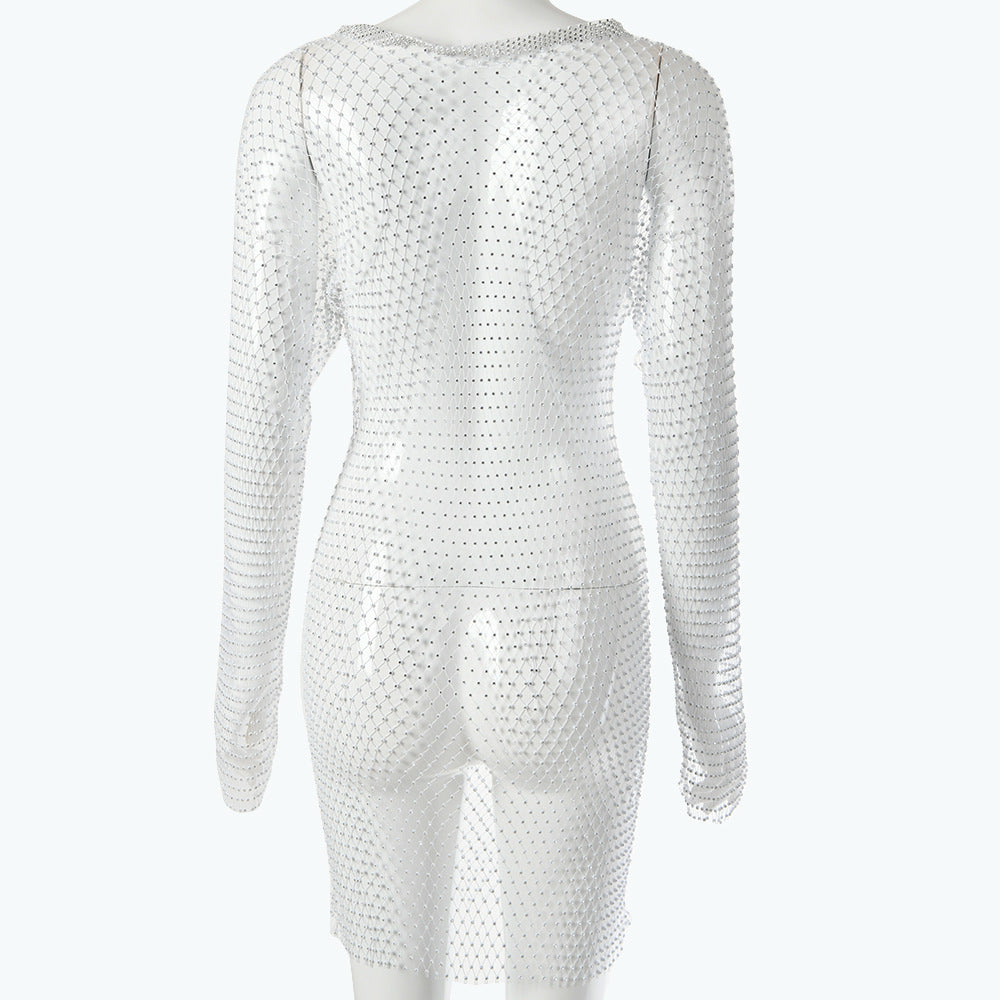 2025 women's clothing summer new New Popular trade sexy fashion nightclub wind round neck fishing net plaid flash diamond dress