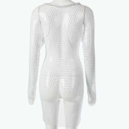 2025 women's clothing summer new New Popular trade sexy fashion nightclub wind round neck fishing net plaid flash diamond dress