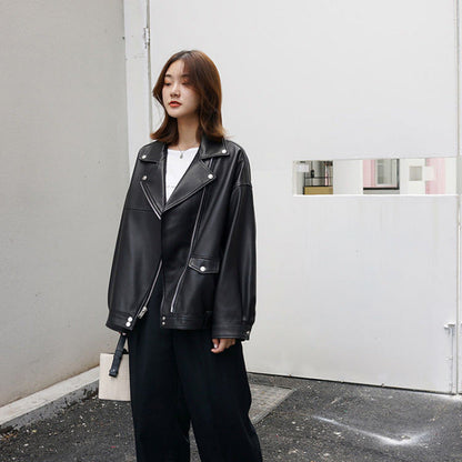 maoxiangshop fall outfits women Korean Style Casual Loose Black Motorcycle PU Leather Coat Women's Spring and Autumn Versatile Slimming plus Size Leather Jacket