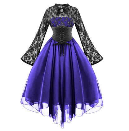 maoxiangshop group halloween costumes New Women's Gothic Style Sexy Dress Lace Stitching Long Sleeve Bell Sleeve Chiffon Dress Court Dress