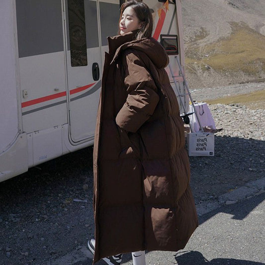 The real shot of the new cotton-padded clothes, winter medium and long knee-length down cotton-padded clothes, women's Korean version loose and thickened hooded cotton-padded jacket