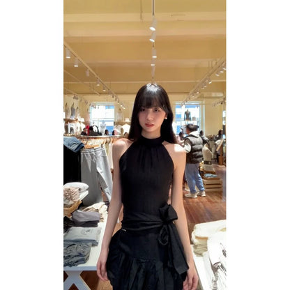 n retro design bow neck sleeveless dress women's summer new skirt