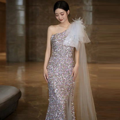 New toasting clothes haute couture light luxury evening dress women New feeling single shoulder fishtail sequins formal settings host skirt