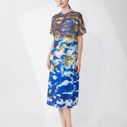 dress women's 2025 new summer loose large size meat cover printing short sleeve temperament casual medium and long skirt