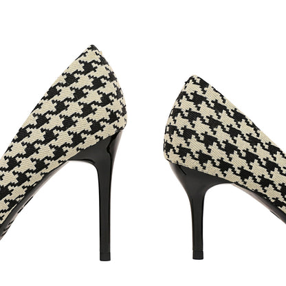9283-1 2025 style thousand bird grid high heels thin heel high heel shallow mouth pointed pearl chain plaid pattern women's single shoes