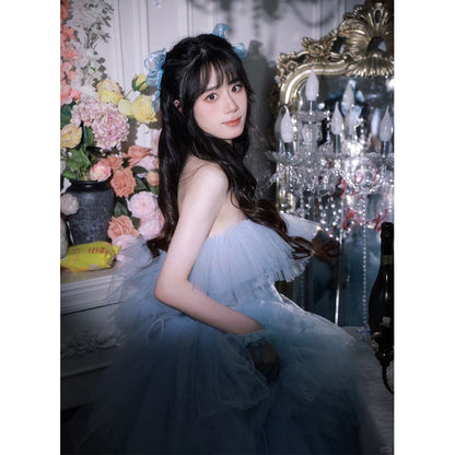 2025Temperament tube top light wedding dress  theme wedding dress blue birthday party photo interior photography clothing color yarn