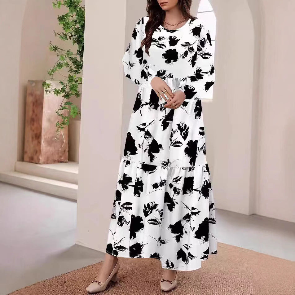 MAOXIANGSHOP 2025 2025 women's clothing fashion casual printing round neck long-sleeved big swing dress women's long dress elegant straight dress