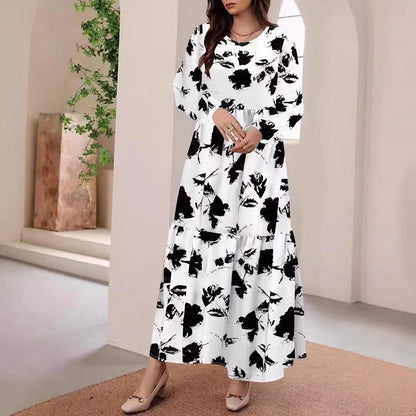 MAOXIANGSHOP 2025 2025 women's clothing fashion casual printing round neck long-sleeved big swing dress women's long dress elegant straight dress