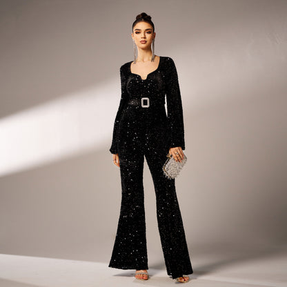 2025 women's clothing Middle East new high-end long-sleeved square collar slim-fit hip-wrapped banquet sequined evening dress jumpsuit