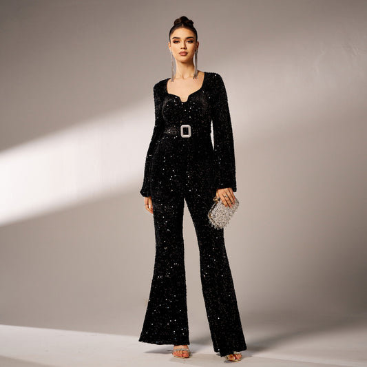 2025 women's clothing Middle East new high-end long-sleeved square collar slim-fit hip-wrapped banquet sequined evening dress jumpsuit