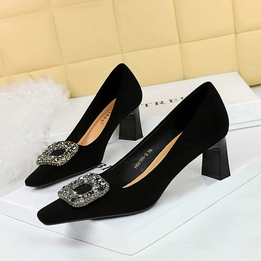 6186-K83 2025 banquet women's shoes versatile high heels thick heel high heel suede square head metal rhinestone buckle single shoes