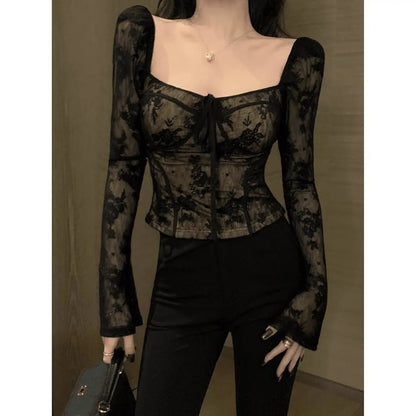 maoxiangshop avant garde dress to impress French Style Retro Square Collar Long-Sleeved Lace Shirt Women's Early Autumn Slim-Fit Slimming Hot Girl Top