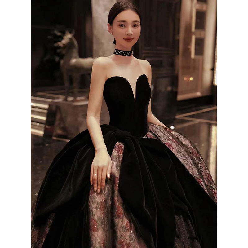 2025Black evening dress long dress female high-end light luxury niche tube top  socialite host art test solo advanced sense