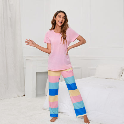 MAOXIANGSHOP 2025Real new products, 2025 New independent stations, solid color round neck T printing striped women's casual cover, loungewear pajamas, women