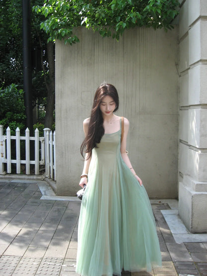 Two-piece art raw green slim-fit suspender dress women's high-end waist fairy banquet dress long dress