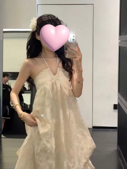 elegant neck V-neck dress women's seaside vacation wind backless heavy industry long dress super fairy loose a-word skirt