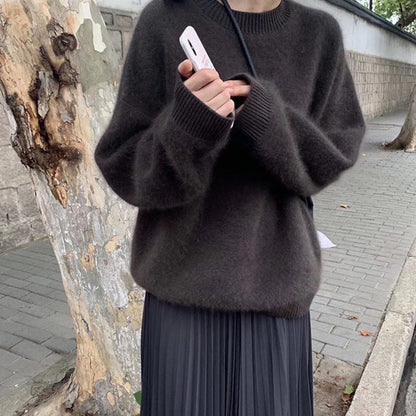 maoxiangshop 2000s fashion Women's Faux Mink Velvet Sweater Autumn and Winter Loose Soft Glutinous Lazy Wind Outerwear Mohair Sweater round Neck Top Thickened