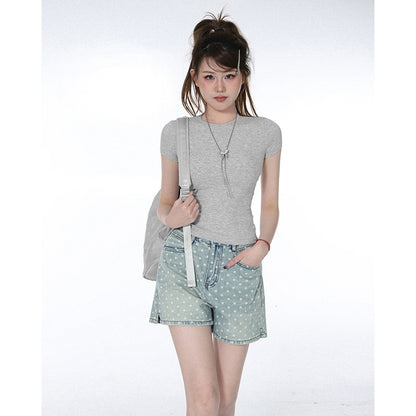 Solid Color Spice Girl Simple T-Shirt popular Summer New Slim Elastic Waist Short Sleeve Versatile Top Women