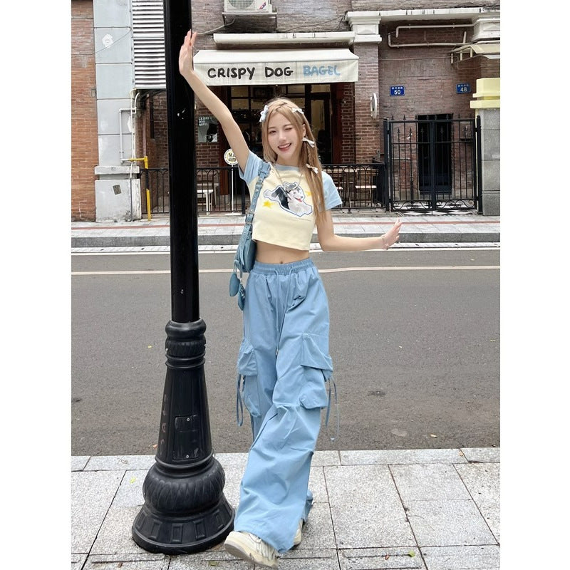 maoxiangshop-shop outfit ideas for school American Retro Overalls Women's Summer High Waist Straight Wide Leg Pants Design Loose Casual Mopping Pants