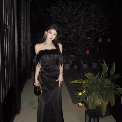 2025 temperament, high-end sense, shoulder dress, women's waist and thin dress, women's fringed design, long skirt