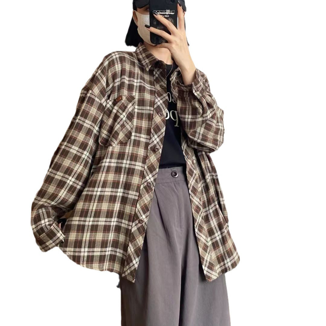 maoxiangshop-shop outfit inspo Autumn New Small Pocket Leather Commuter Casual Korean Plaid Brushed Shirt for Women